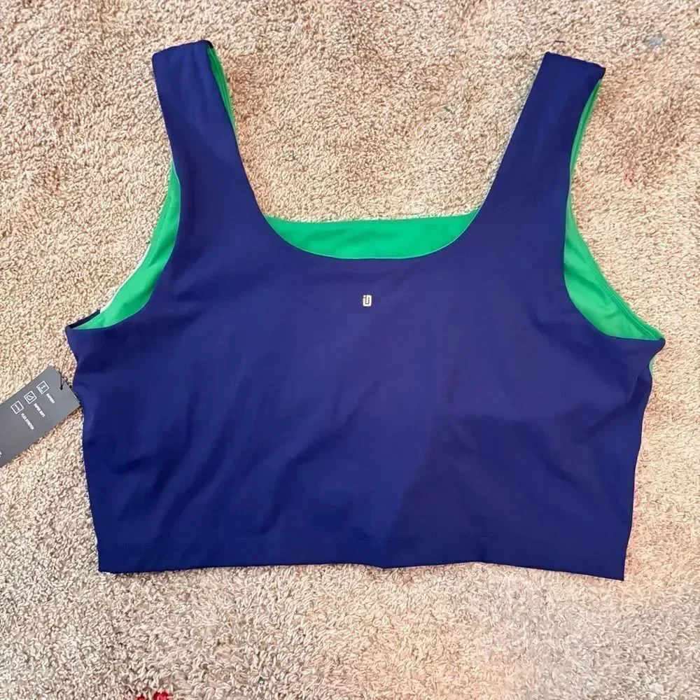 NWT Ideology Womens Preppy Color block Blue and Green sports Bra XXL